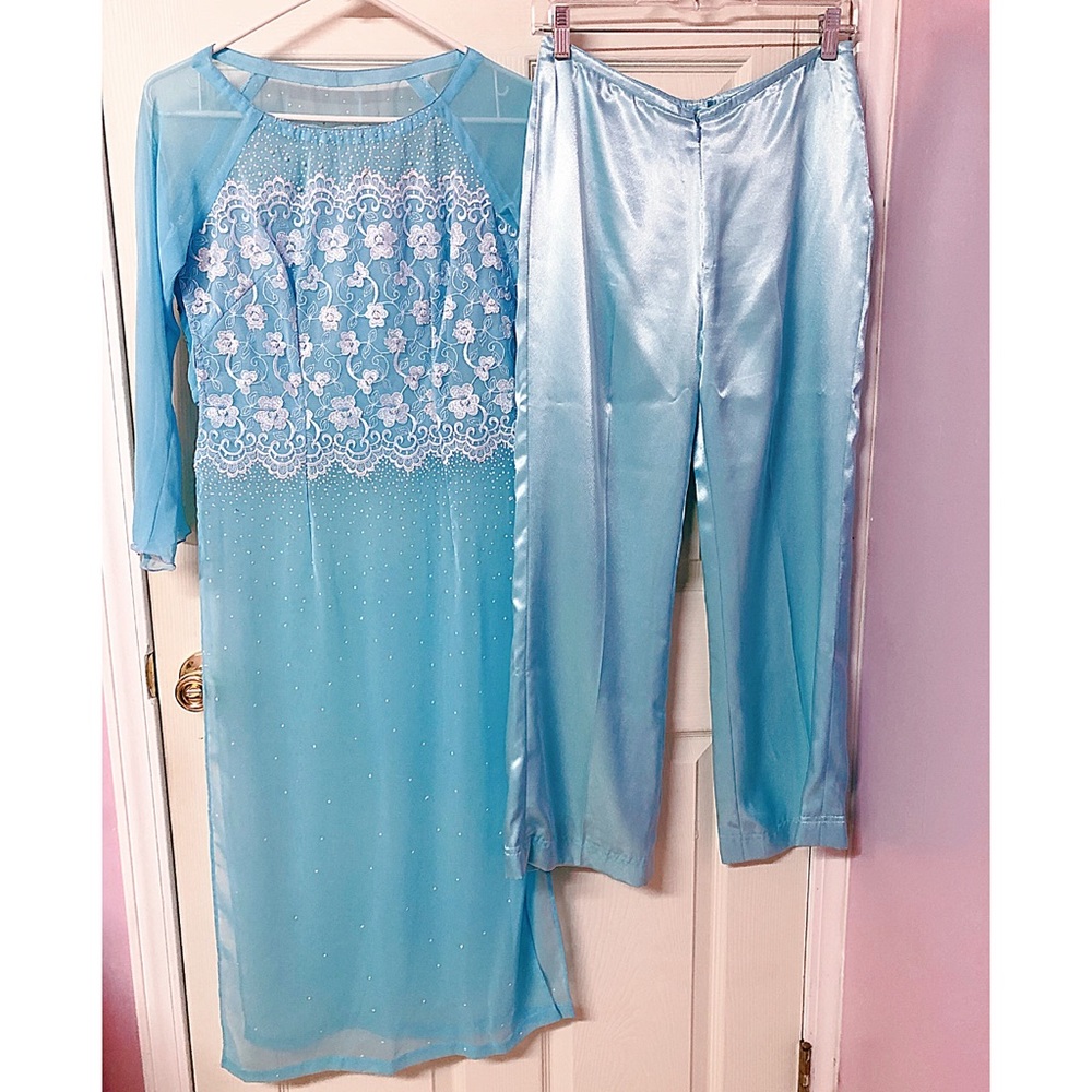 Sky Blue Rhinestone Traditional Dress Ao Dai